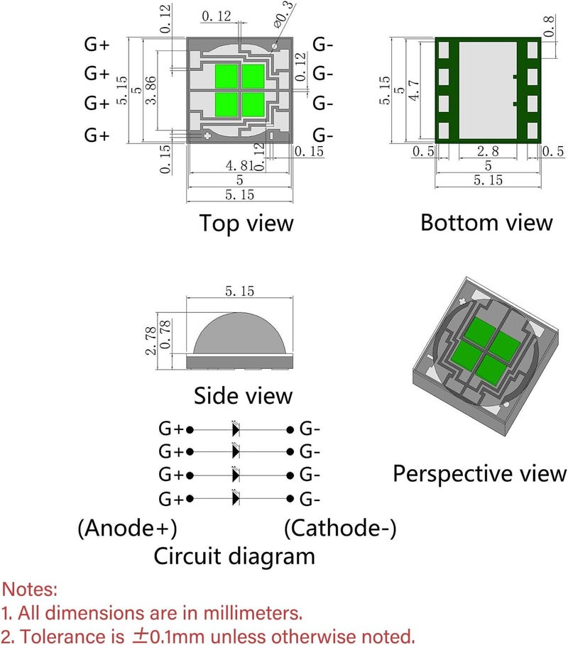 LEDGUHON 10Pcs 5050 SMD LED Chip 3W Green Light High Intensity Bright Lighting Emitter Led Chip Replacement(120deg,Green 520nm-525nm,DC 3.2-3.6V,700mA) - Image 3